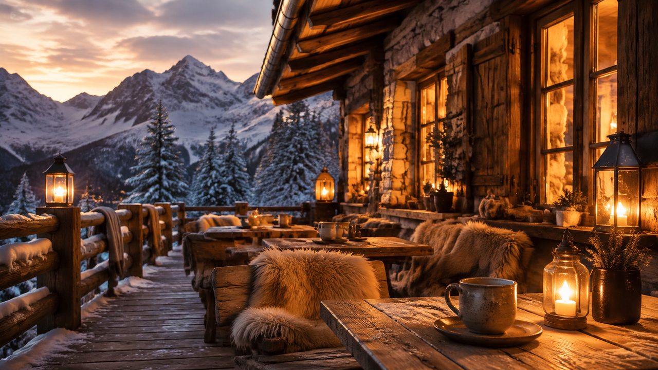 Gedrängte Après-Ski-Bar mit Gästen in Winterkleidung
