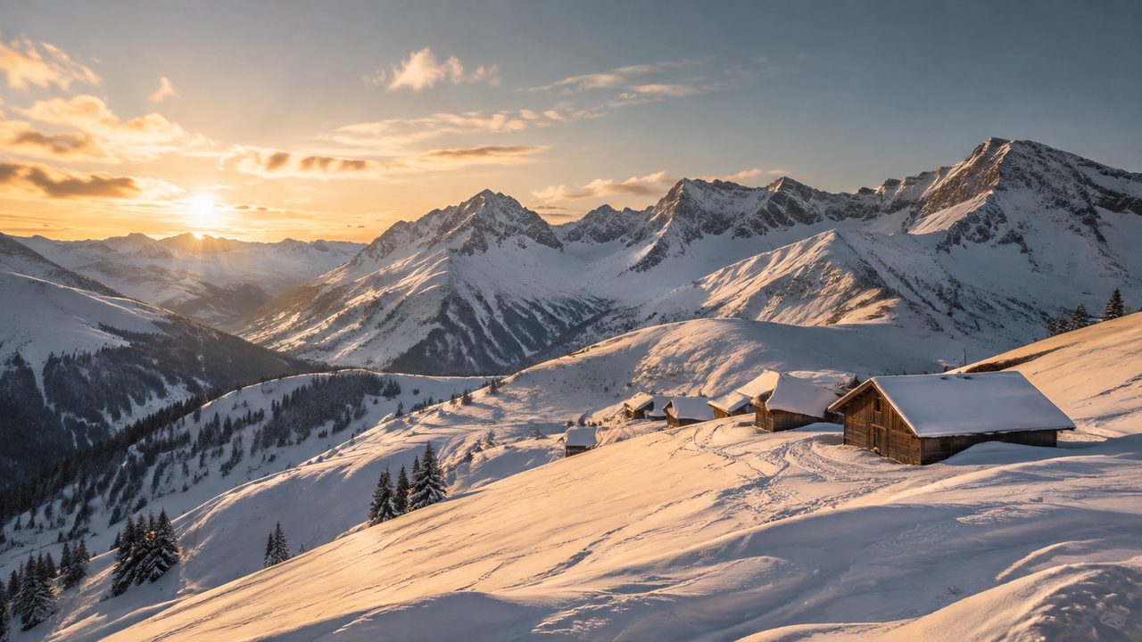Verschneite Dörfer und Hänge der Arlberg-Region zwischen Lech und St. Anton