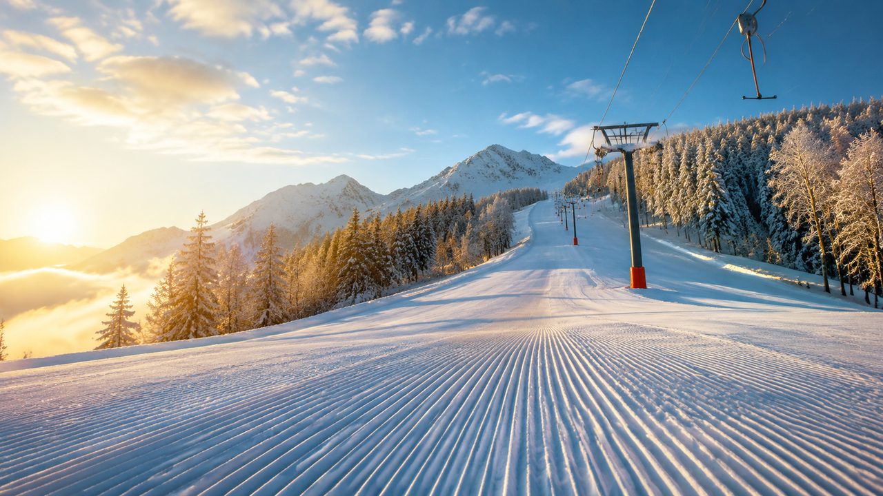 Ein Anfänger auf einem Übungshang beim ersten Schwung in der Skischule