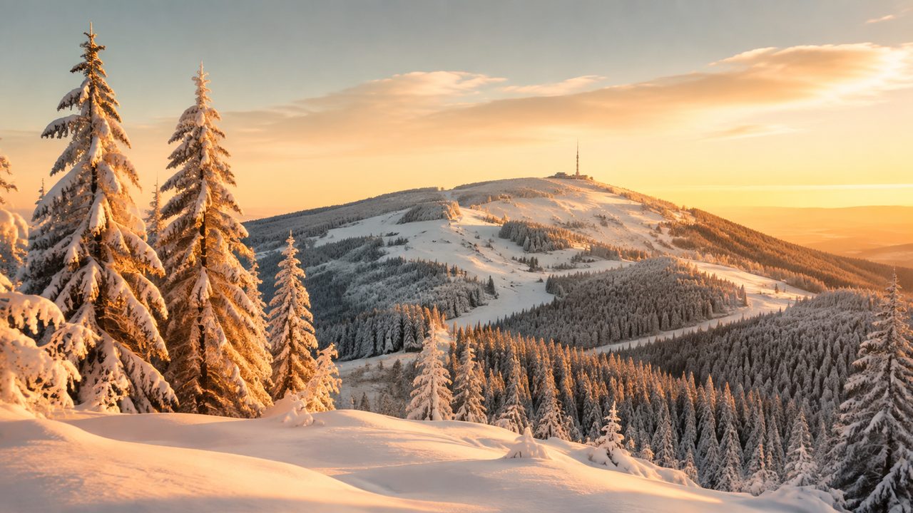 Der verschneite Feldberg mit seinen Pisten und dem Blick über den Hochschwarzwald