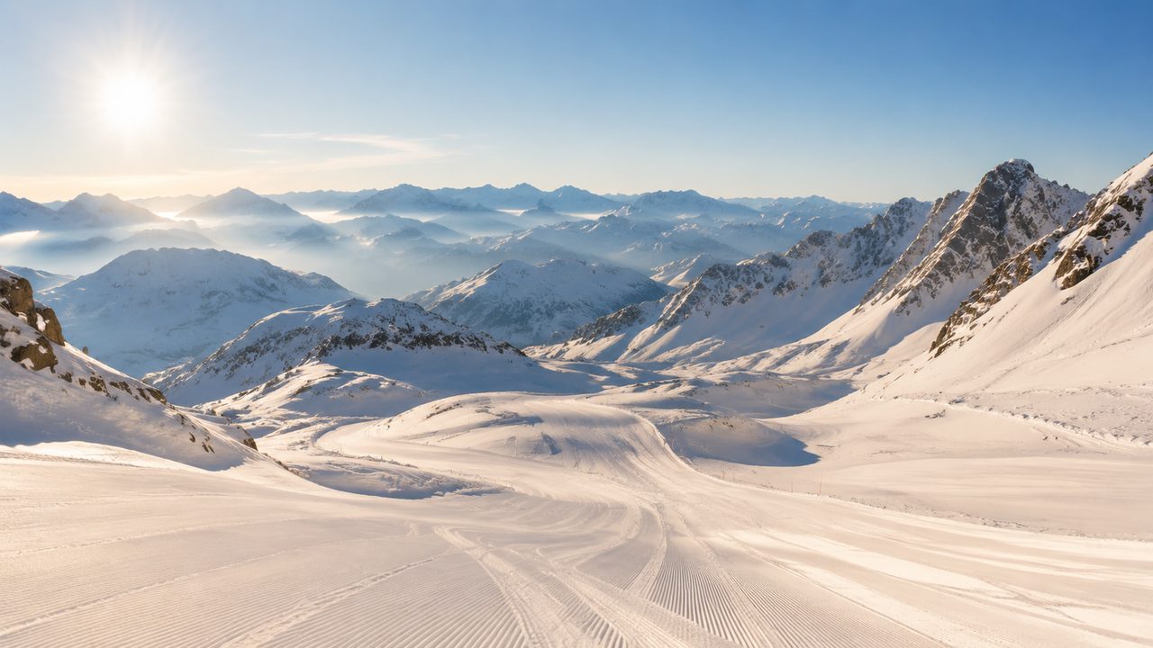 Sonnige Hänge der Silvretta Arena mit Blick von Ischgl hinüber nach Samnaun