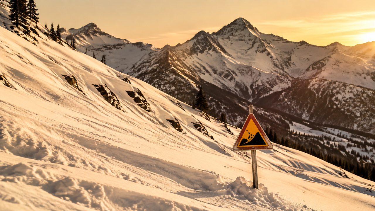 Verschneiter Hang mit Spuren eines Lawinenabgangs