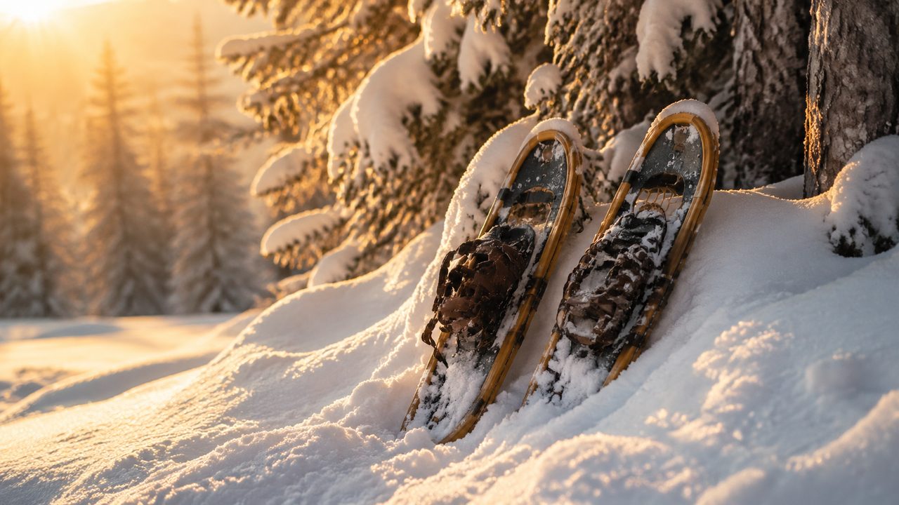 Schneeschuhwanderer auf einer ruhigen Route durch verschneiten Wald