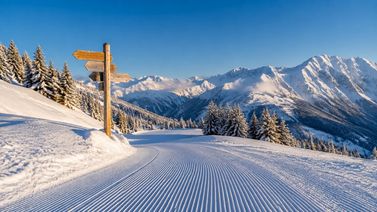 Skifahrer auf einer sonnigen Piste mit Abstand zueinander und Blick nach oben