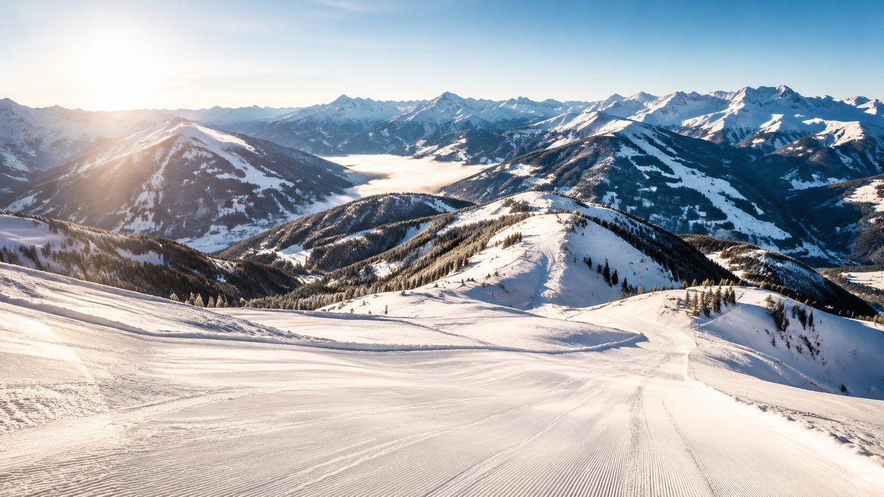 Weite, sonnige Pisten des Skicircus oberhalb von Saalbach und Hinterglemm