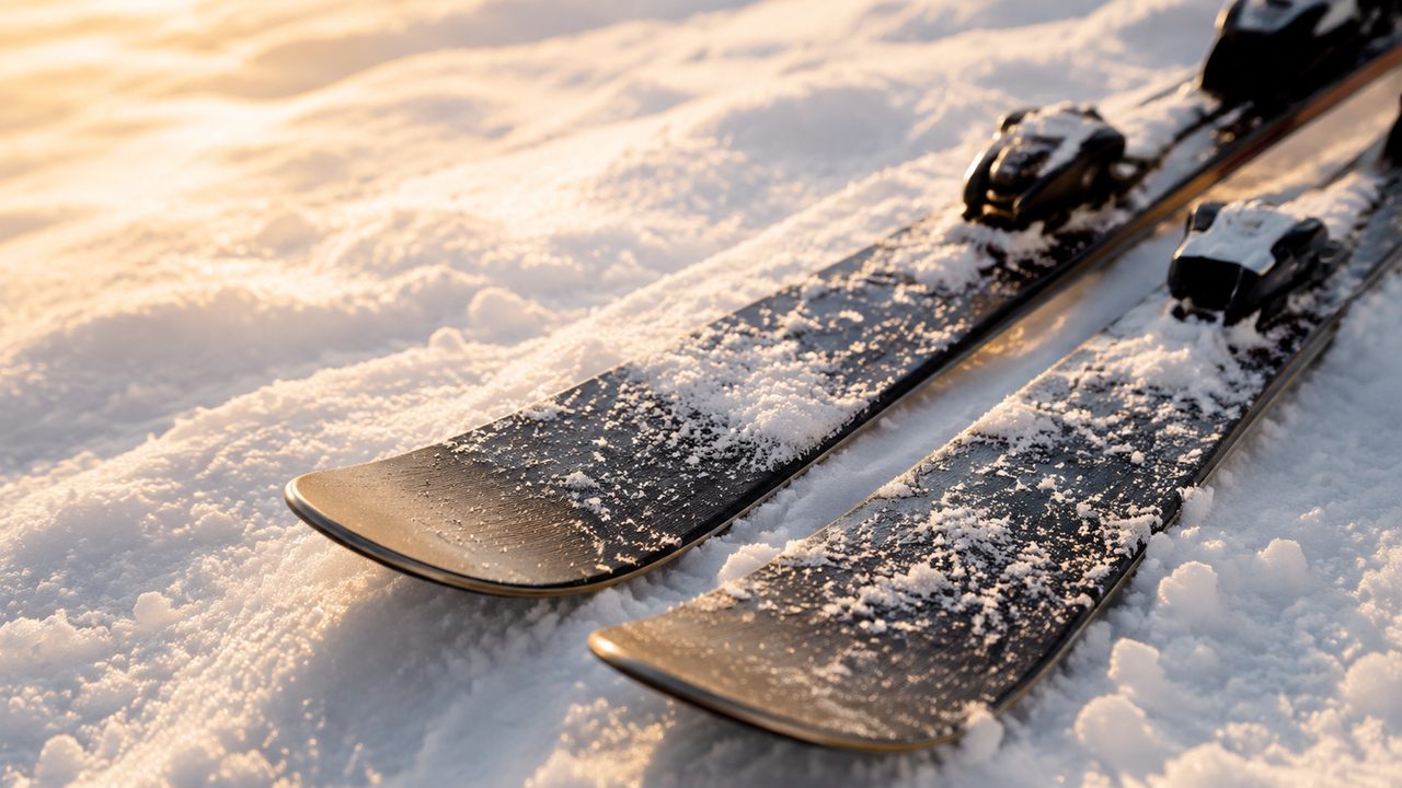 Neue Ski mit Bindung in einem Regal des Fachgeschäfts