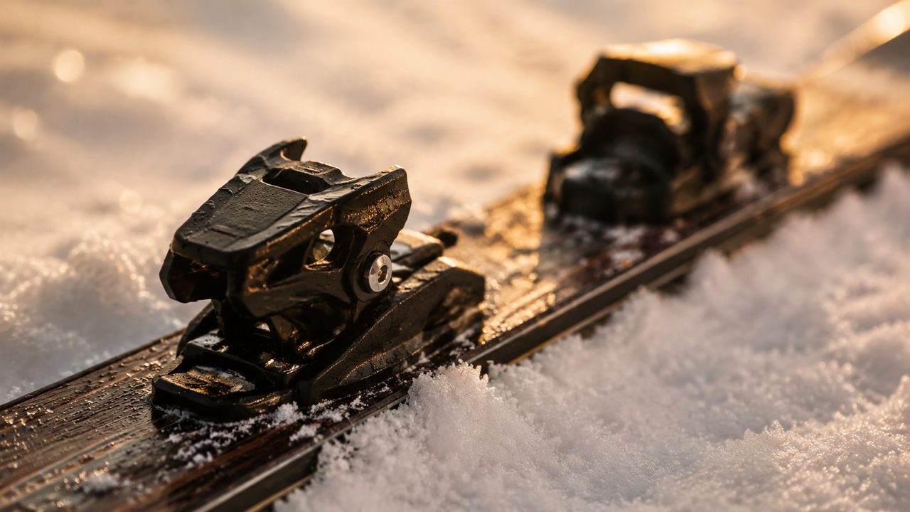 Moderne Skibindung auf einem Paar Ski im Schnee
