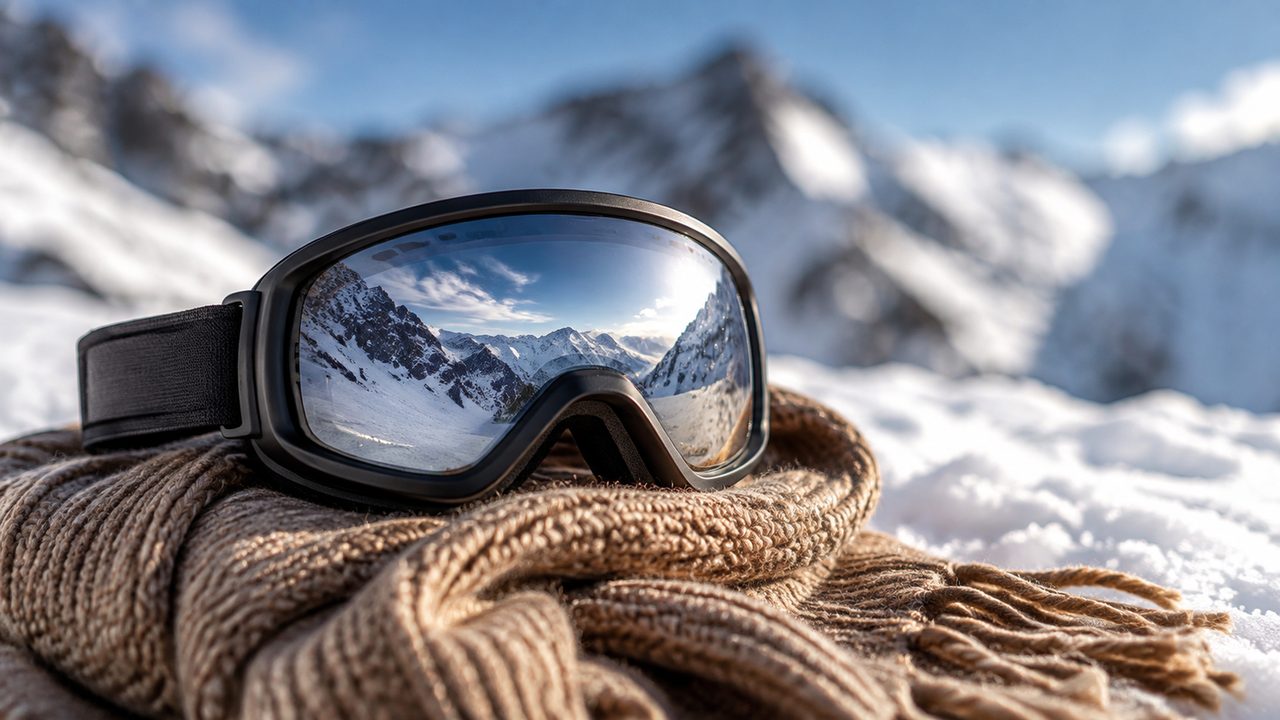 Eine moderne Skibrille mit verspiegelter Scheibe auf einem Helm