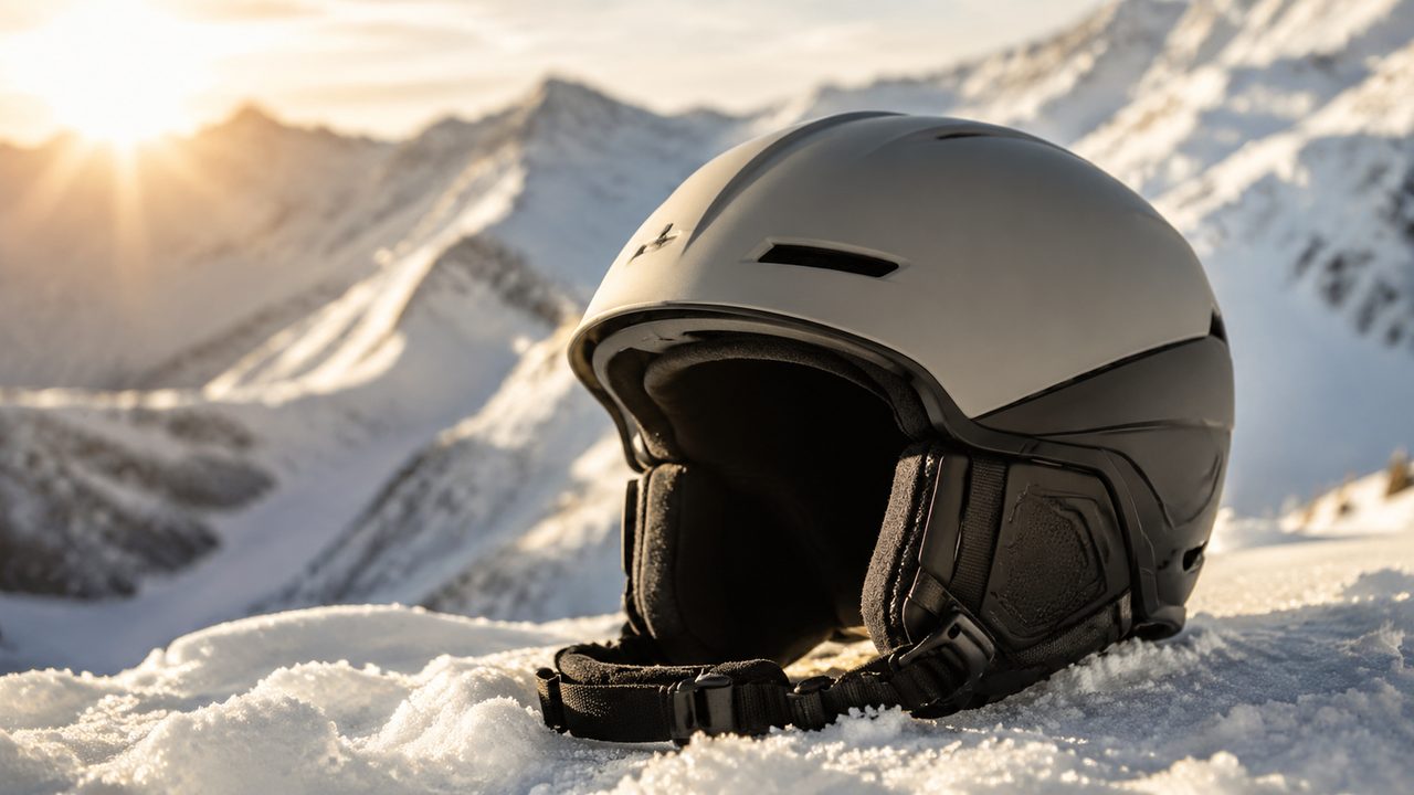 Ein moderner Skihelm mit Belüftungsklappen und verstellbarem Verschluss