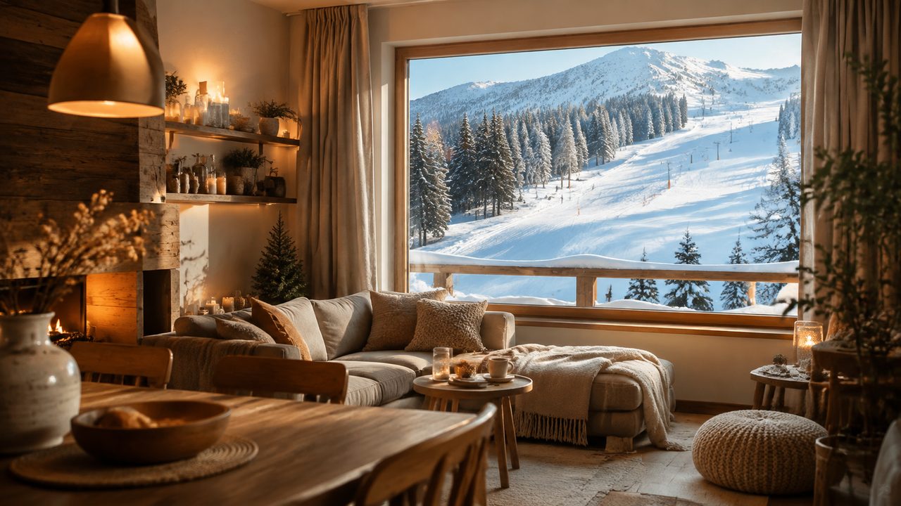 Eine gemütlich gedeckte Hüttentafel mit Blick auf verschneite Berge