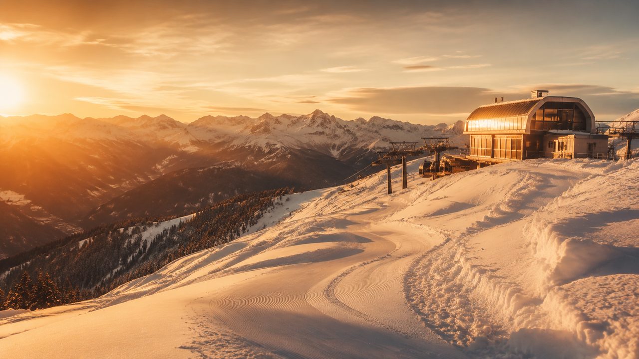 Alpine ski slope at golden hour with fresh powder