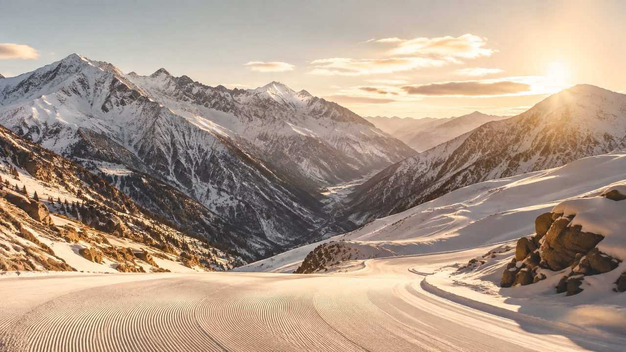 Blick über die Gipfel des Zillertals an einem sonnigen Wintertag